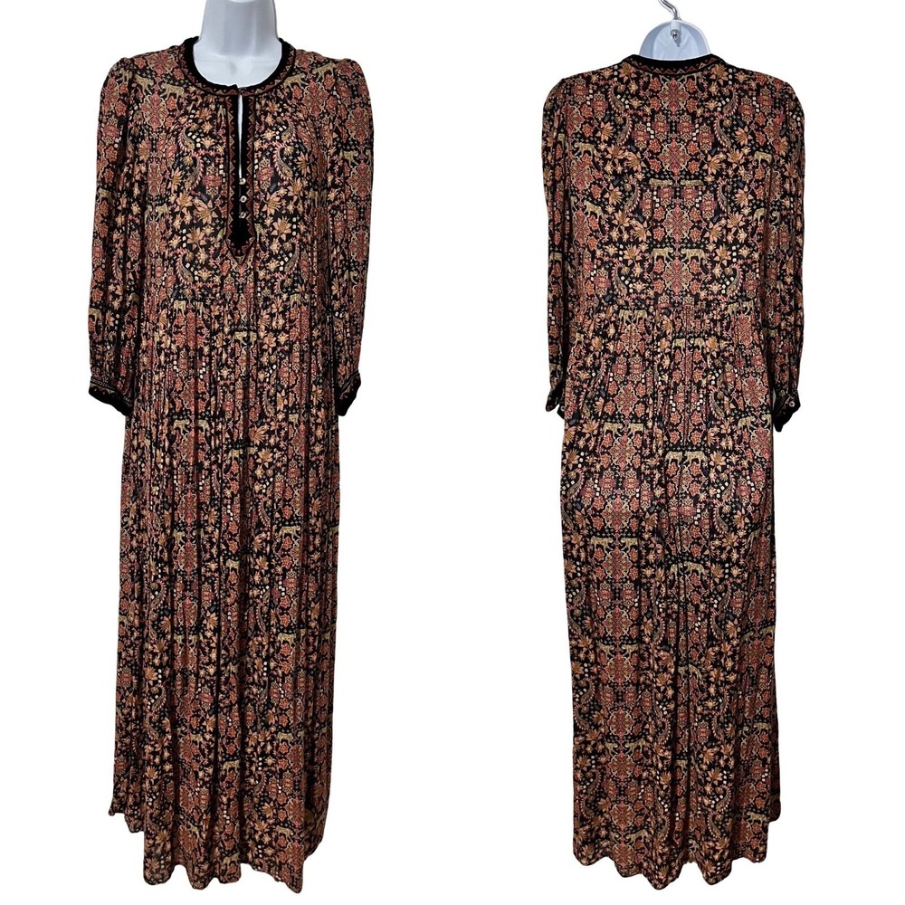 Johnny Was Tiered Silk Blend Floral Maxi Dress Size XS Black Boho Hippie Retro